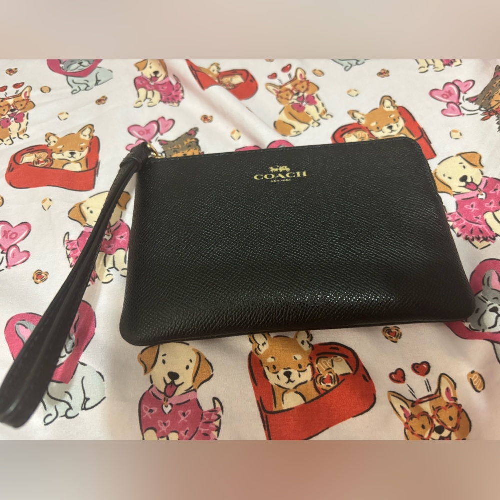 Coach Black Leather Wristlet with Gold Logo